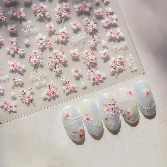 Autocollants 5D en relief pour ongles, motif fleur de cerisier, auto-adhésifs, pour manucure DIY, co