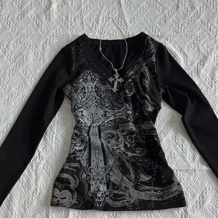 Femmes Hip hop 90s Vintage Punk T-Shirt automne Streetwear Sexy à manches courtes gothique mince hau