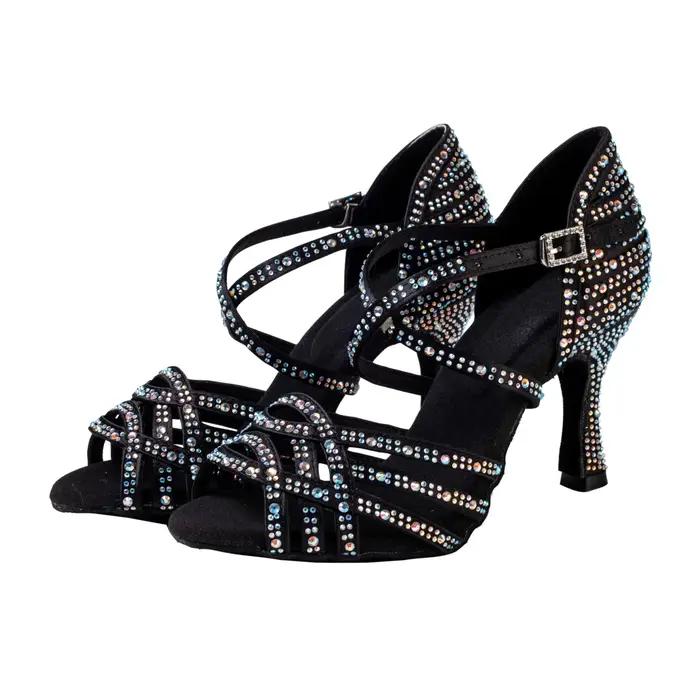 Chaussures de danse latine, chaussures de danse noires pour adultes, diamant incrusté de 7.5cm pour