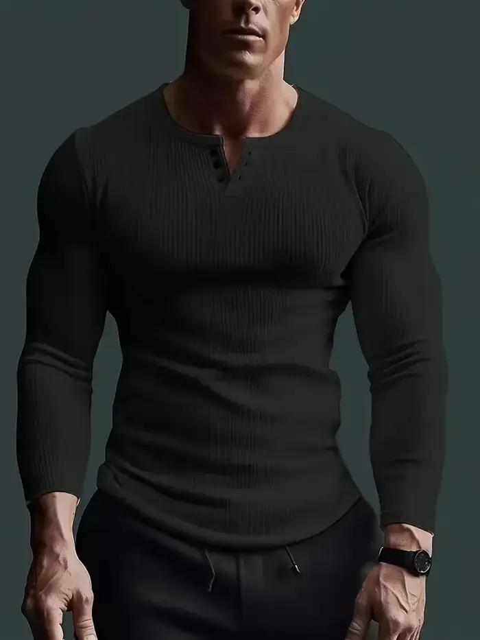 Automne hommes sans col boutonnage Henry petit haut Fitness haute Stretch Base chemise couleur unie