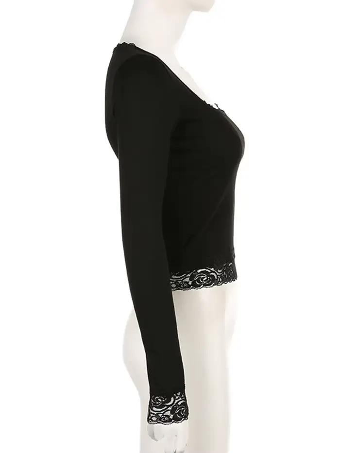 T-shirt manches longues pour femmes, Vintage, fée Grunge, garniture en dentelle, Slim, convient aux