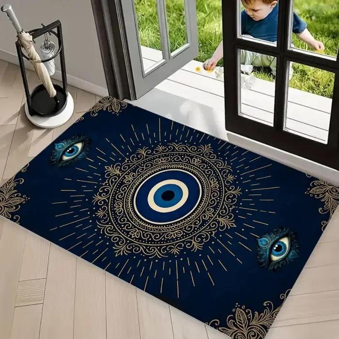 Tapis de sol antidérapant Evil Eye Mandala DOORMAT, fond bleu profond avec motifs dorés ornés, éléga