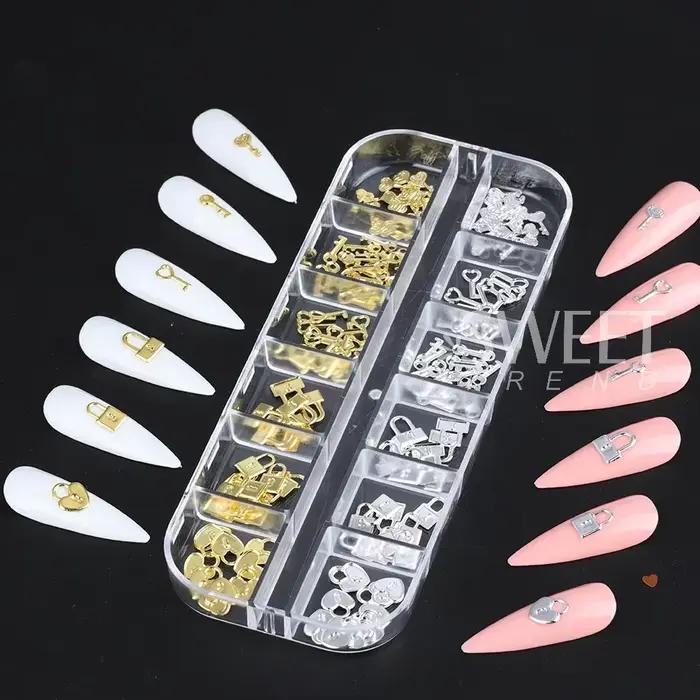 Clé de verrouillage en métal or argent, 12 grilles, pièces de décoration d'ongles, breloques en form