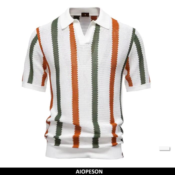 AIOPESON Polo en tricot côtelé pour homme pour tenue décontracté à rayures respirantes avec col conf