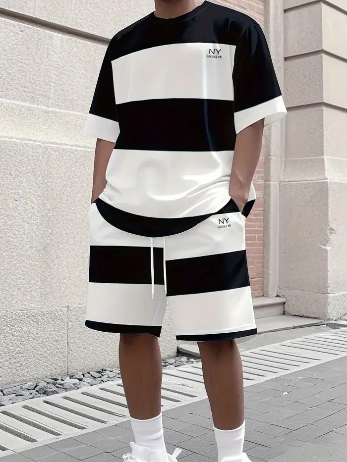 À la mode hommes été rayé imprimé micro élastique respirant col rond T-shirt ensemble short et haut