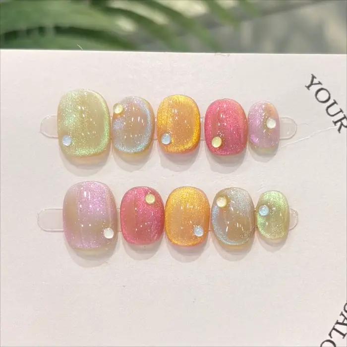 10 pièces oeil de chat presse à la main sur les ongles couleur bonbon faux ongles été mignon portabl