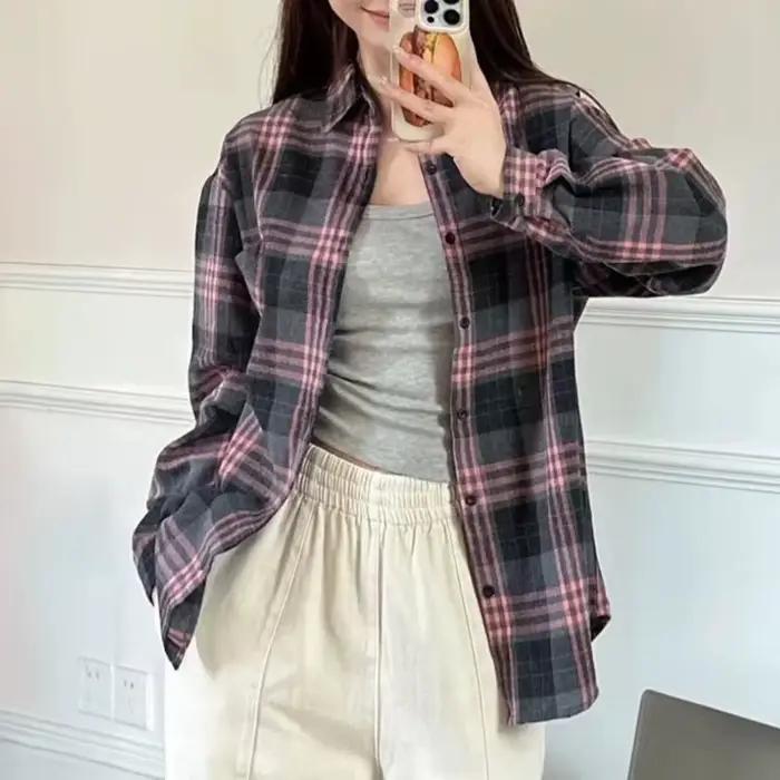 Chemise à carreaux femmes automne à manches longues haut femme simple boutonnage Blouse dames Style