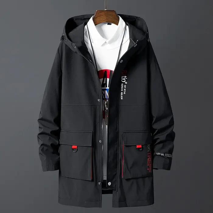 Veste coupe-vent noire surdimensionnée pour hommes, manteau long, mode coréenne, vêtements décontrac