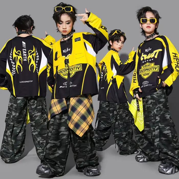 Ensemble de vêtements de danse de rue pour filles, veste K-pop, sweat-shirt, pantalon jaune, costume