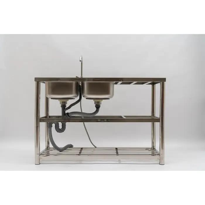 Évier utilitaire commercial en acier inoxydable, évier de cuisine à 2 compartiments avec table de pr