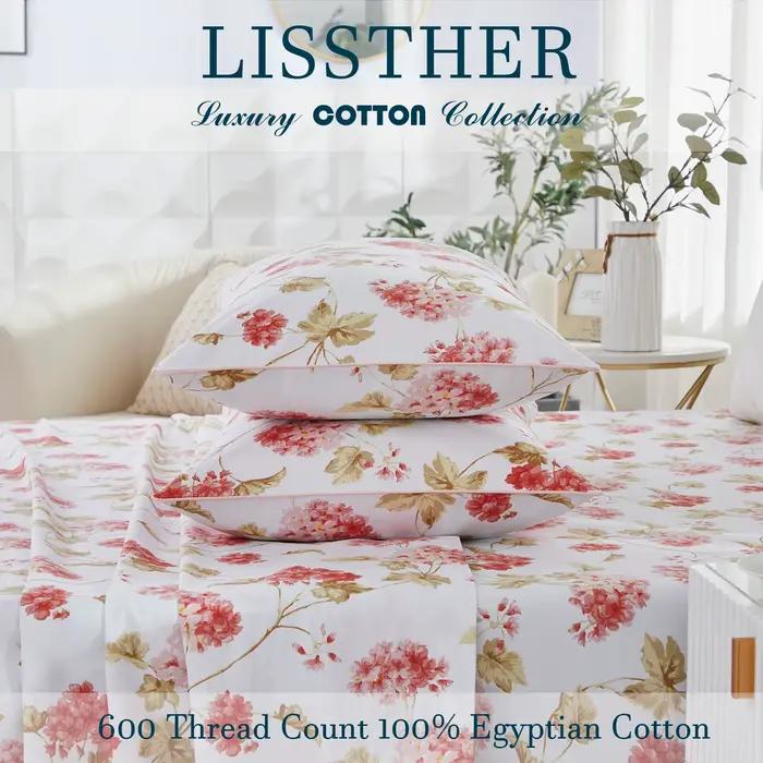 Ensemble de housse de couette 100% coton égyptien 600TC, 3 pièces, Floral de printemps rose Shabby C