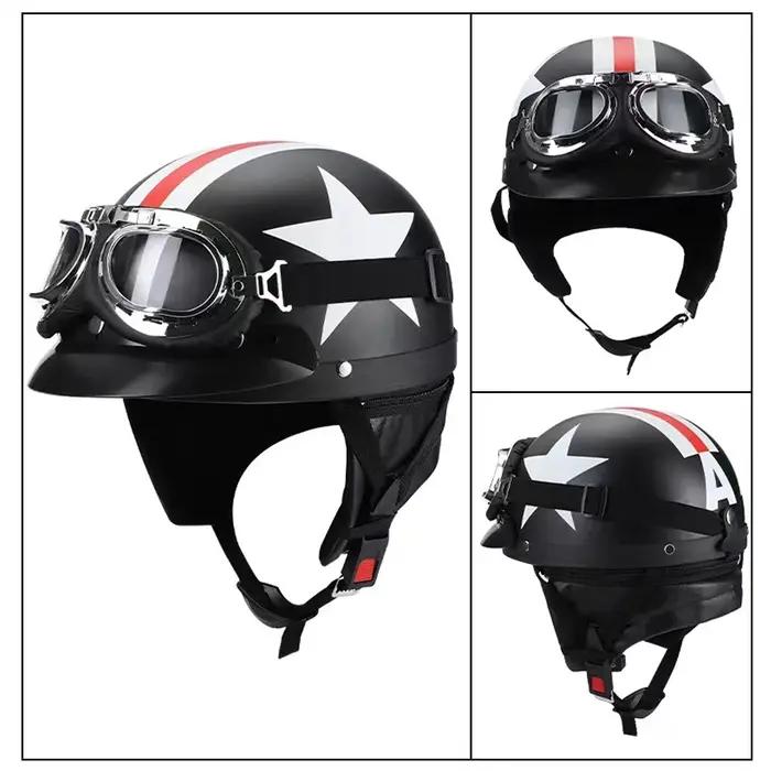 Casque de moto semi-ouvert rétro casque de moto et visière lunettes UV moto cross-country moto demi-