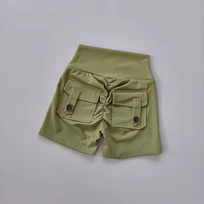 Short de fitness sans couture couleur chair - Taille haute avec poches pour course et entraînement