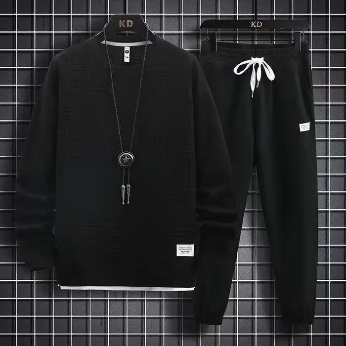 2025 printemps et automne nouveaux hommes gaufre deux pièces sweat-shirt décontracté et pantalon de
