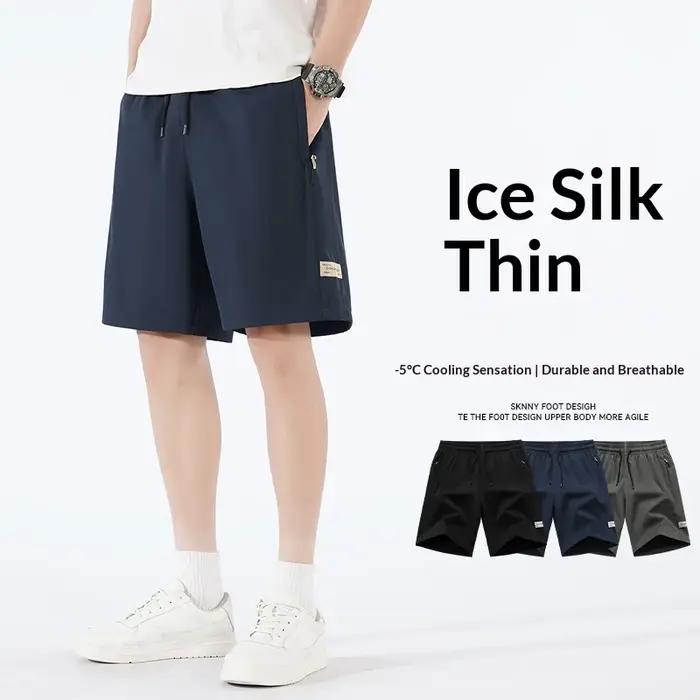 Shorts d'été en soie glacée pour hommes, légers, respirants, à séchage rapide, amples, décontractés,