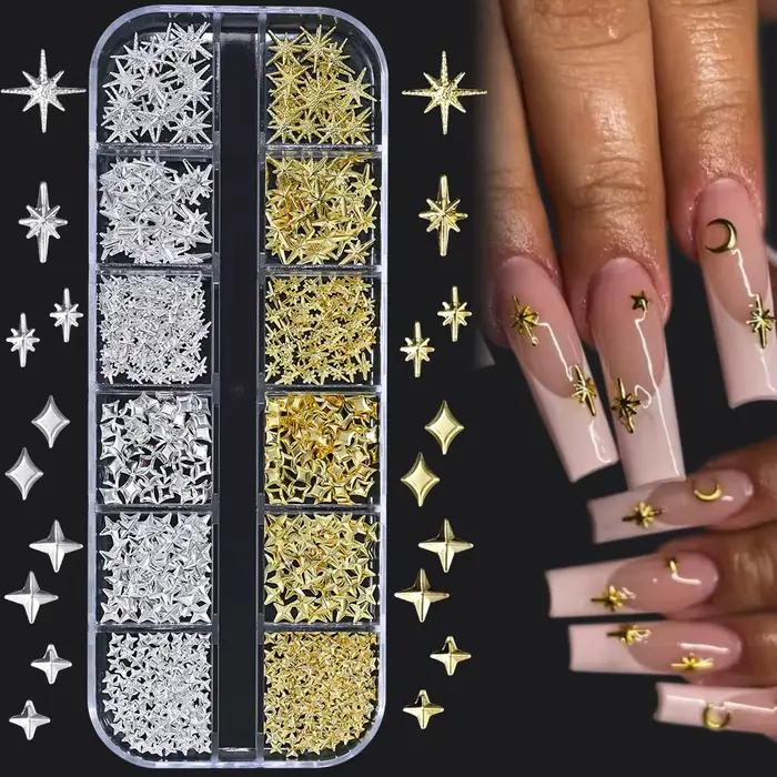 Breloques étoiles métalliques 3D pour Nail Art, 12 grilles, or/argent, Starlight, croix, Rivets, déc