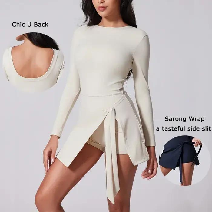 VITALINOVO Robe de tennis à col haut pour femme, jupe portefeuille à manches longues, short intégré,