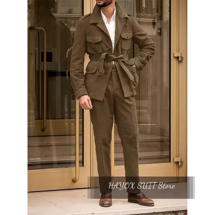 Manteau de html Vintage en Laine Verte pour Homme, Veste Slim, Pantalon Élégant, Tenue Décontractée,