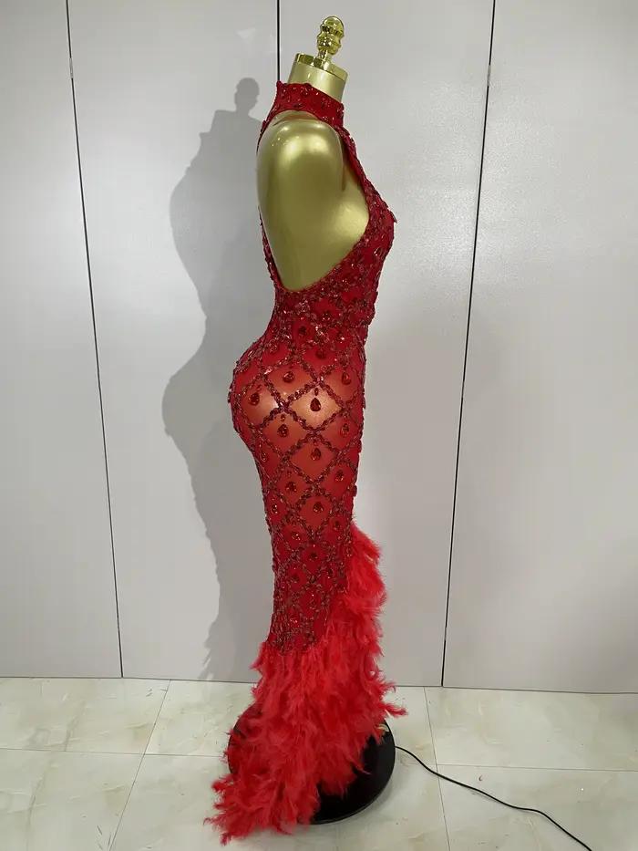 Luxe brillant rouge strass plume Sexy maille voir à travers longue robe femmes anniversaire soirée d