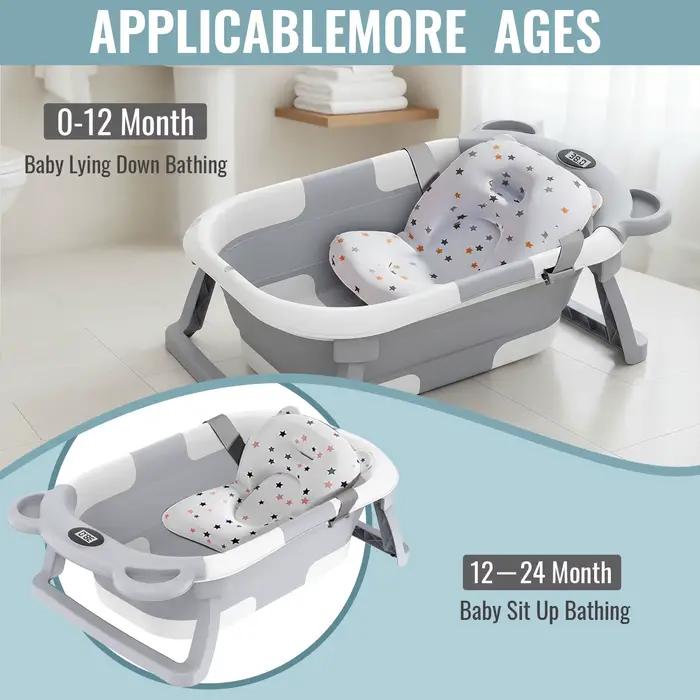 Baignoire pliable pour bébé avec thermomètre, baignoire de voyage portable avec tapis de bain doux,