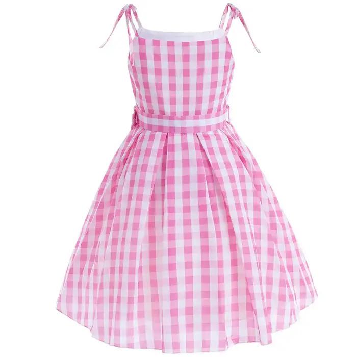 Robe d'été rose bébé sans manches à carreaux et fines bretelles pour fille, style cow-boy, inspirée
