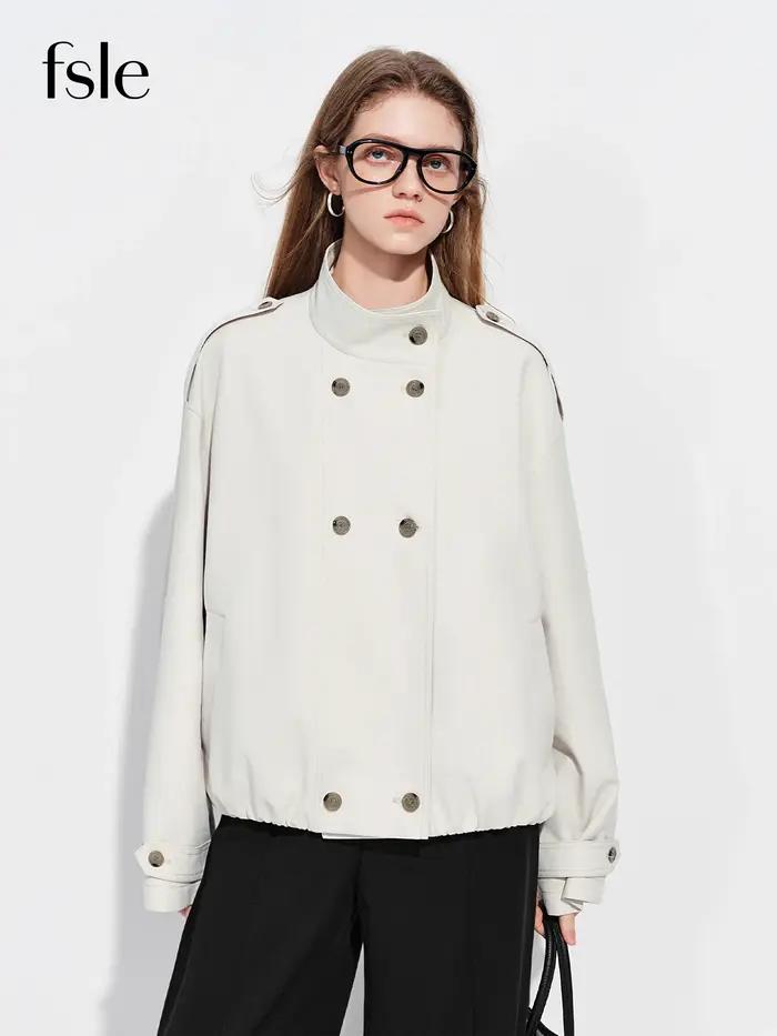 FSLE【Série Premium】Manteau court oversize pour femme en simili cuir marron avec ceinture, veste coup