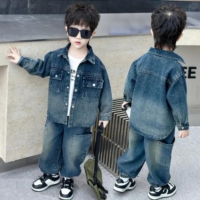 Ensemble en jean pour garçons, 2 pièces, vêtements pour enfants, veste en coton tendance, pantalon,