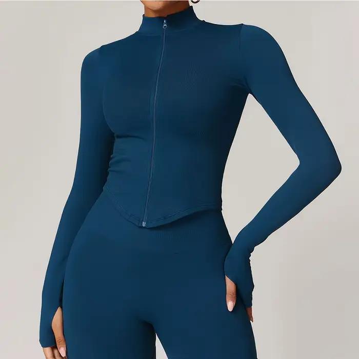 Veste à fermeture éclair pour femmes, haut court, T-shirts de Yoga, haut de Sport solide, chemises d
