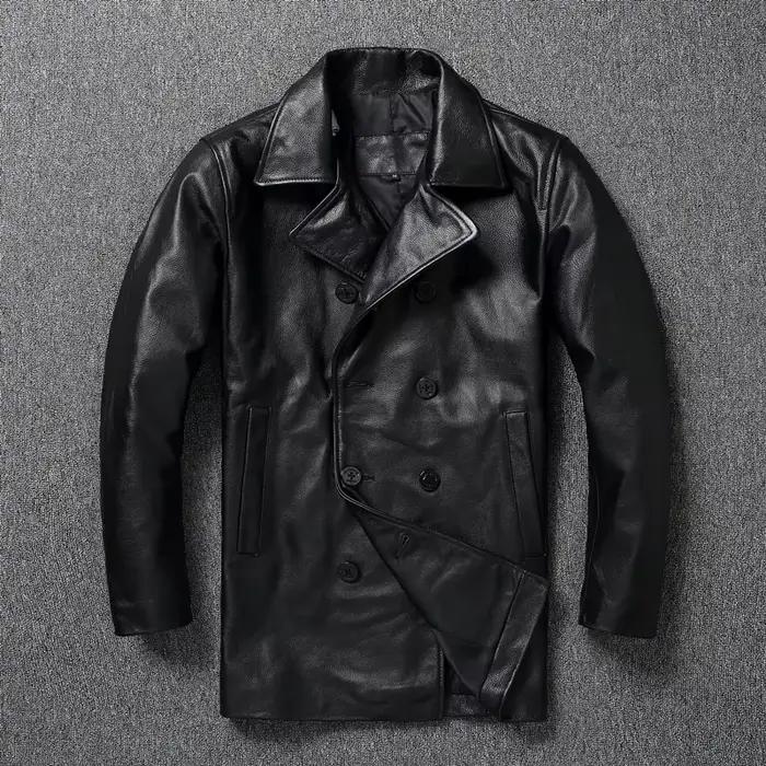 LNY Shop Top-Veste en cuir véritable pour homme, manteau d'affaires long en cuir de cercle noir, par