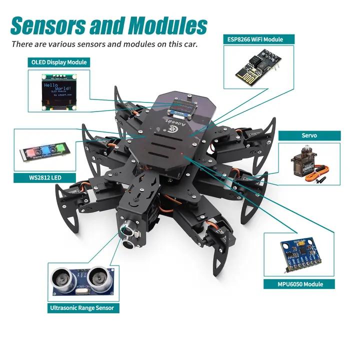 Adeept Ultimate Hexapod Spider Robot Kit, corps métallique, programmation Arduino, télécommande WiFi