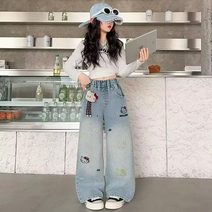 Jeans à jambes larges pour filles, printemps-automne, taille haute, pantalon long, vêtements pour en