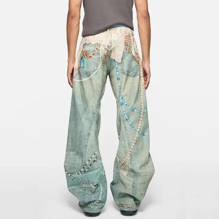 Jean Baggy imprimé chaîne de perles en dentelle assortie aux couleurs pour hommes et femmes, Streetw