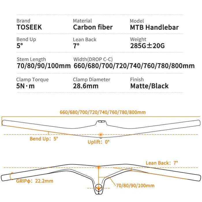 TOSEEK – guidon et tige de vtt intégrés en carbone, 660mm, -17 degrés, pour vtt, 800 ~ 100*70/80/90/