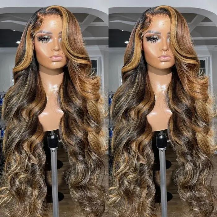 Perruque Lace Front Wig Body Wave Brésilienne Naturelle, Cheveux à Reflets Colorés, 13x4, Densité 20