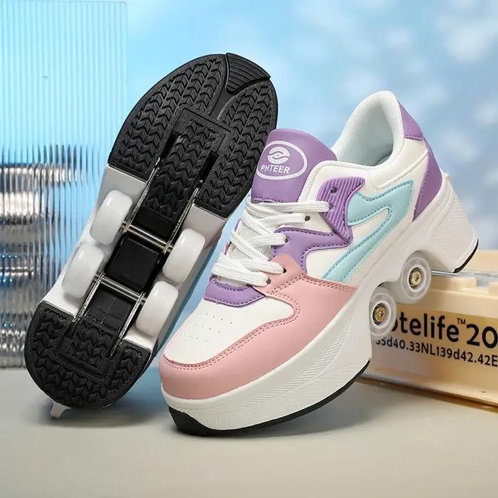 Chaussures à roulettes pour enfants avec 4 roues, patins à roulettes, chaussures de parkour déformab