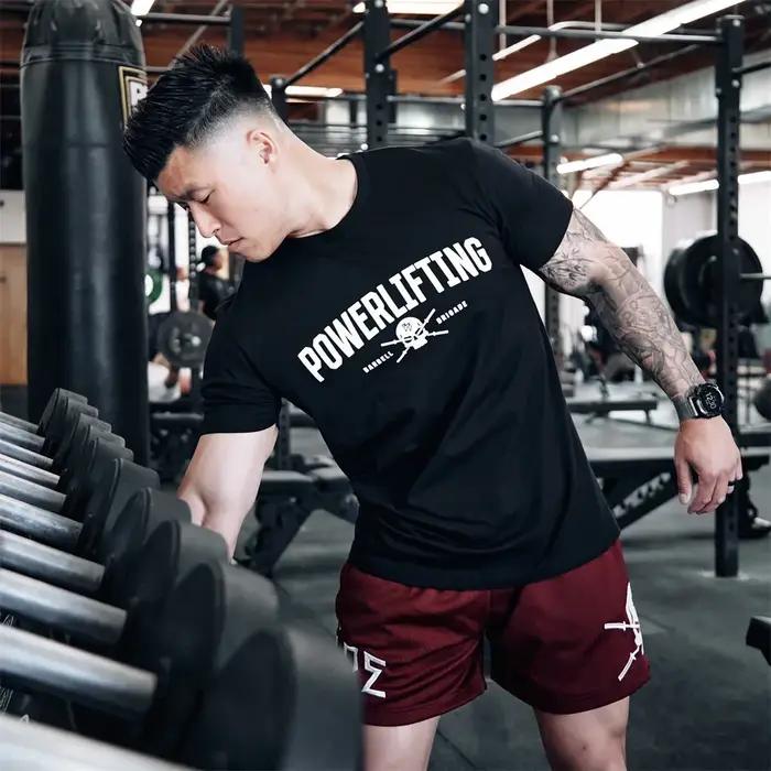 T-Shirt à manches courtes pour hommes, avec haltères, crâne, Fitness musculaire, entraînement, cours