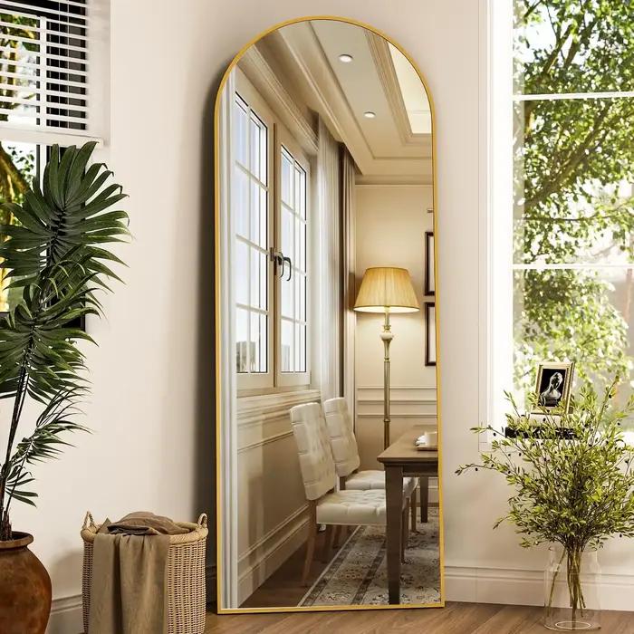 Miroir arqué pleine longueur, miroir de sol en arc avec support, miroir mural, miroir de face, dessu