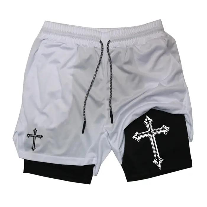 Short d'entraînement 2 en 1 imprimé croisé avec doublure de compression pour homme, short athlétique