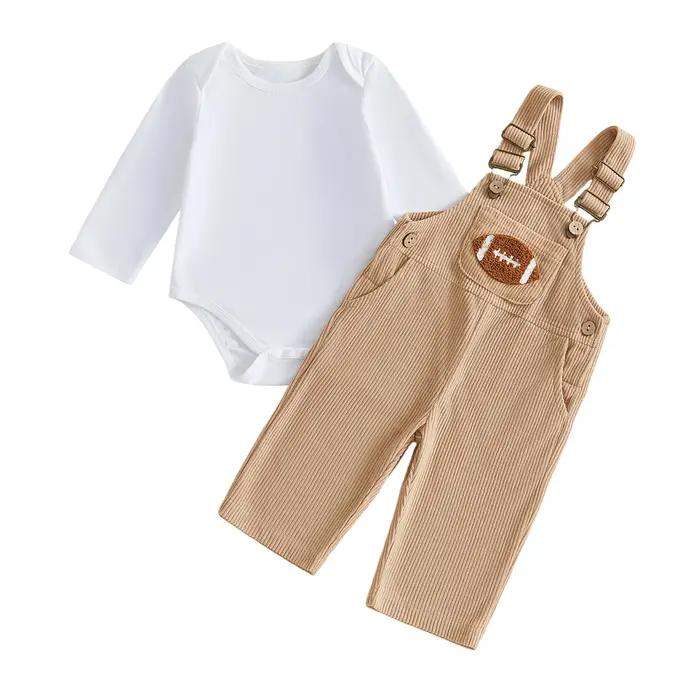 Vêtements pour bébé garçon, tenue d'automne, combinaison à manches longues unie, pantalon brodé, ens