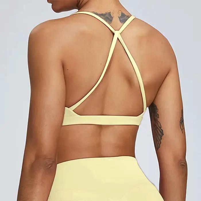 Soutien-gorge de sport sexy froncé pour femme, haut de gym, haut de course à dos croisé, vêtements d