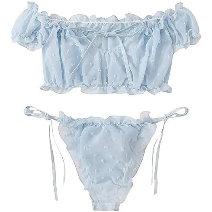 2 pièces épaules dénudées à lacets ensemble Bikini femmes doux décontracté à manches courtes maillot