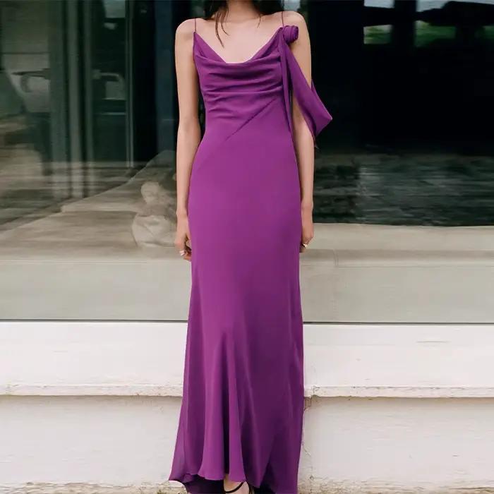 Robe longue en mousseline violette pour femme, collection été 2026, avec bretelles spaghetti, col dr