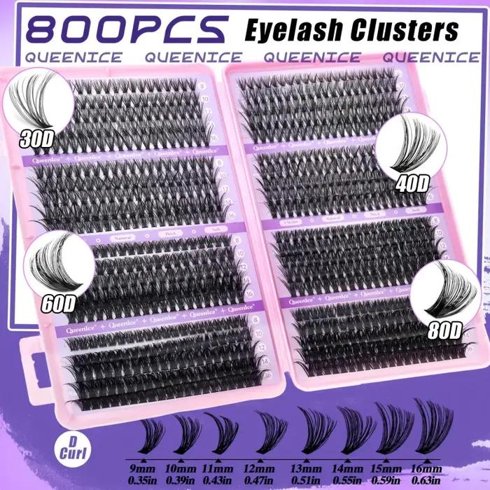 QUEENICE 800 pièces de faux cils en grappe de longueur mixte | Léger, doux, facile à appliquer, De