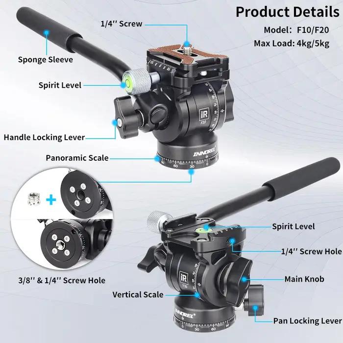 INNOREL F10/F20 Mini tête d'inclinaison de tête fluide de trépied, tête de trépied vidéo de caméra e