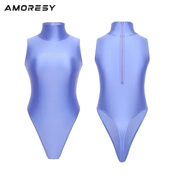 Maillot de bain une pièce brillant col montant string extra haute fermeture éclair dos pour femmes activités aquatiques plage piscine vacances occasions spéciales