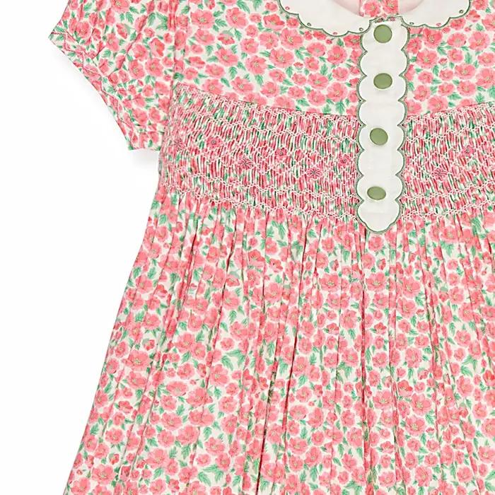 Robe d'été pour fille, style vintage, rouge, à fleurs, brodée, smockée, manches courtes, vêtements d