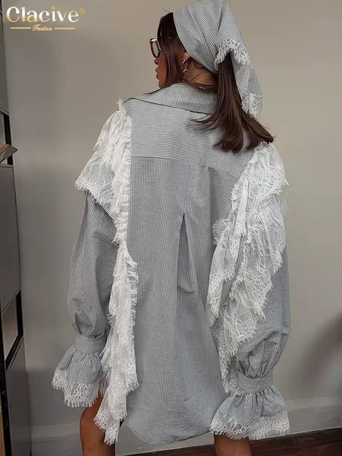 Clacive mode ample gris rayure dentelle épissé femmes deux pièces ensemble élégant à manches longues