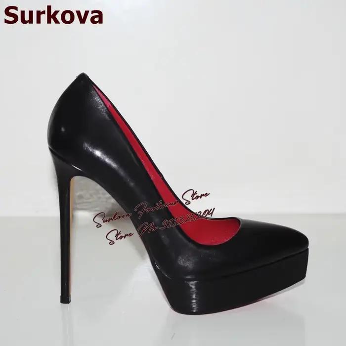 Surkova noir mat talon haut plate-forme robe pompes bout pointu sans lacet Banquet chaussures rouge