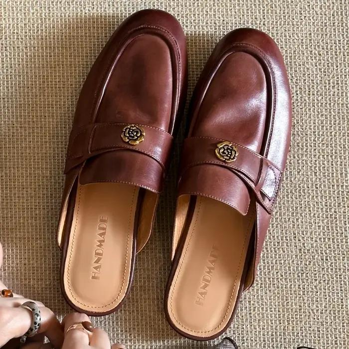 Sandales plates à enfiler en cuir de vache pour femmes, diapositives d'été de haute qualité, douces