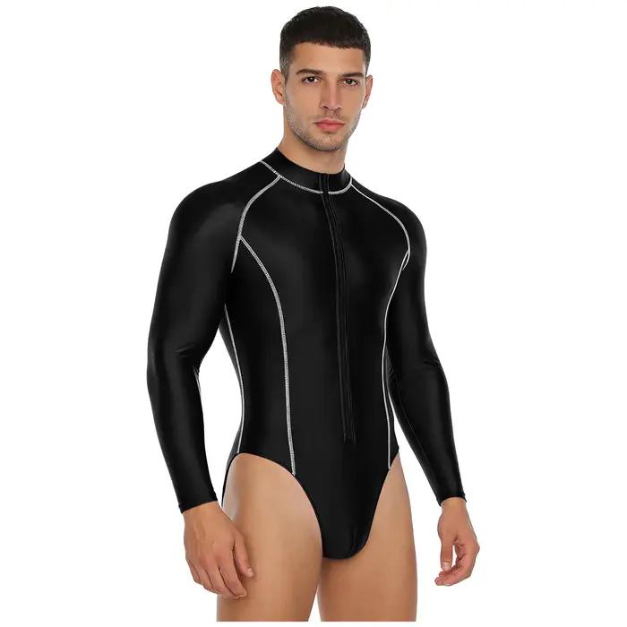 Maillot de bain une pièce brillant pour hommes, protection contre les éruptions cutanées, manches lo
